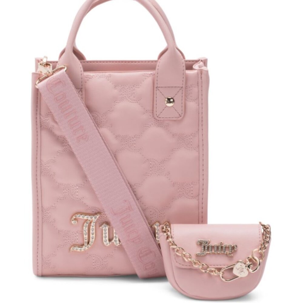 NWT Juicy Couture Quilted Pink Handbag 2 pc Tote Gift Set with Purse Coin Pouch